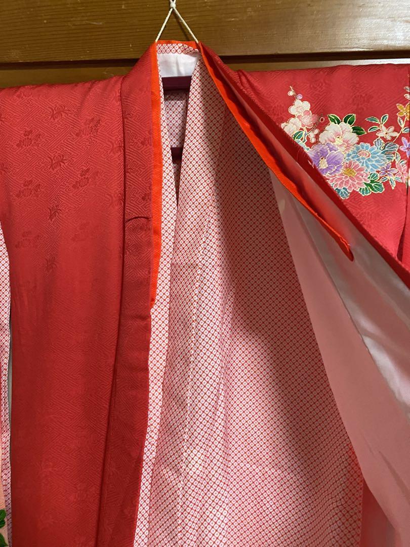 七五三　5歳　7歳　着物　襦袢　赤系　ぼたん　御所車　梅　蝶　正絹　美品