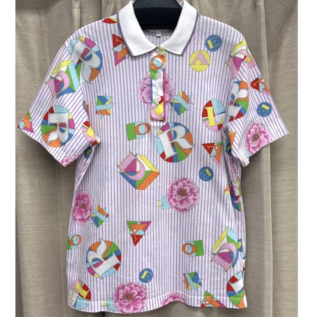 【美品】LEONARD SPORT ポロシャツ 花柄 金ボタン 大きいサイズ LEONARD SPORT 美品スカーフ柄ゴールドラインカラーデザイン
