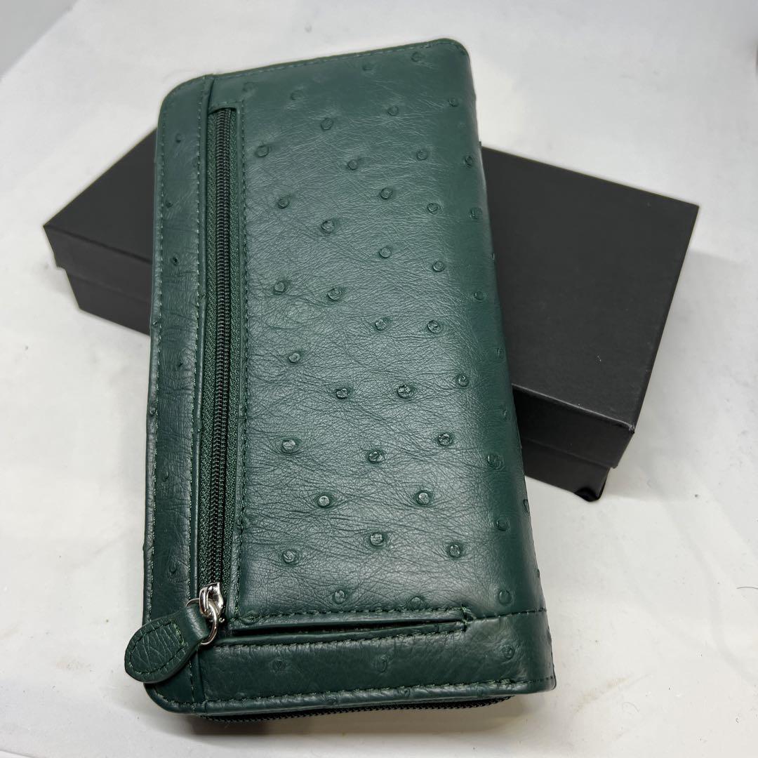 新品 オーストリッチ グリーン フルポイント ラウンドファスナー長財布 画像5