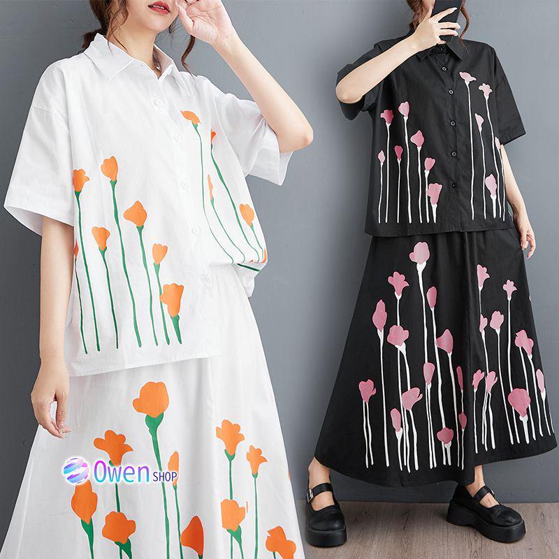 美品 セットアップ上下 綺麗め おしゃれ ブラウス ロングスカート プリント