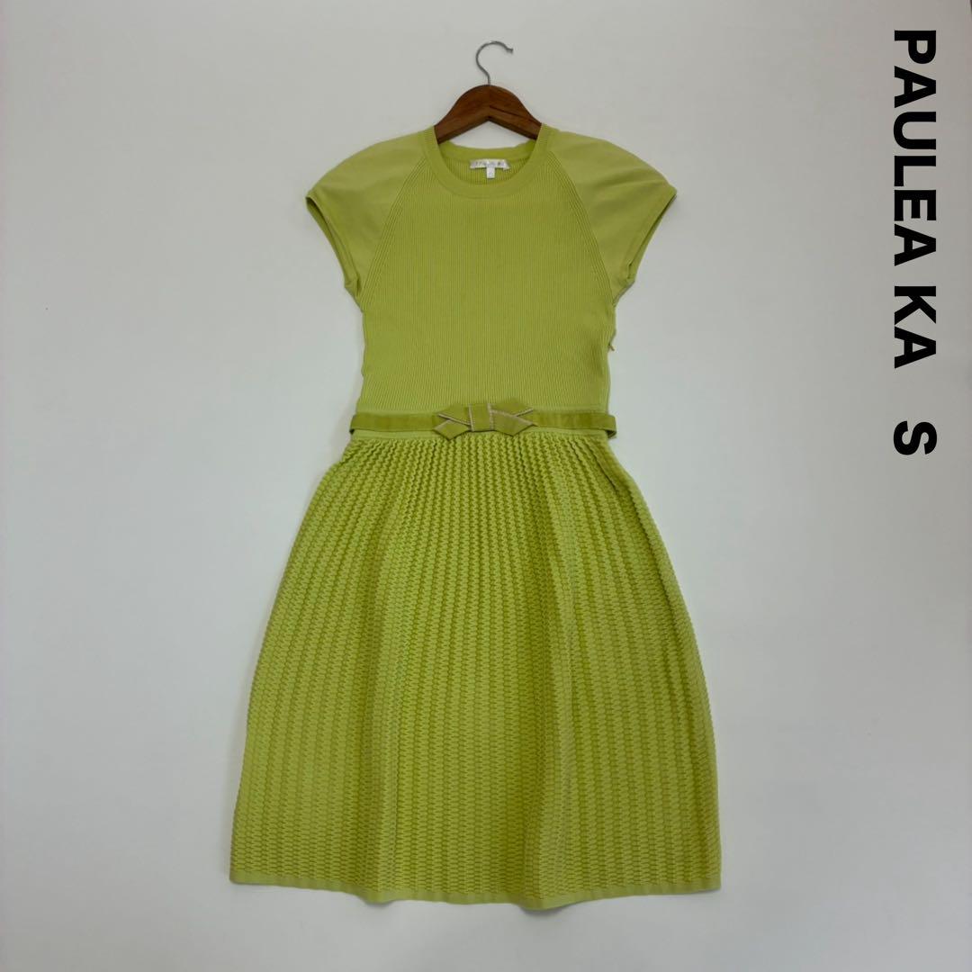 PAULE KA ポールカ☆フレンチスリーブニットワンピース S ライムグリーン