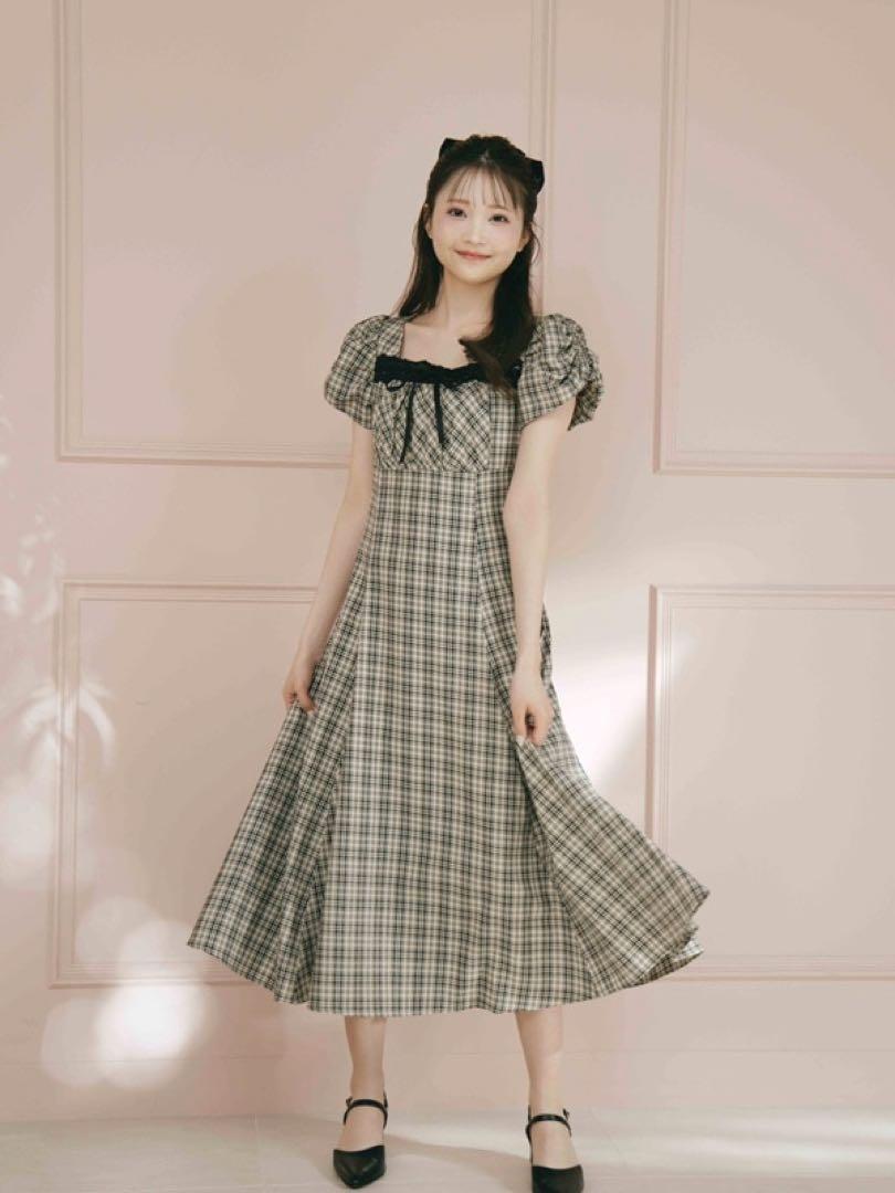 evelyn AnMILLEバストギャザーリボンワンピース ベージュチェック