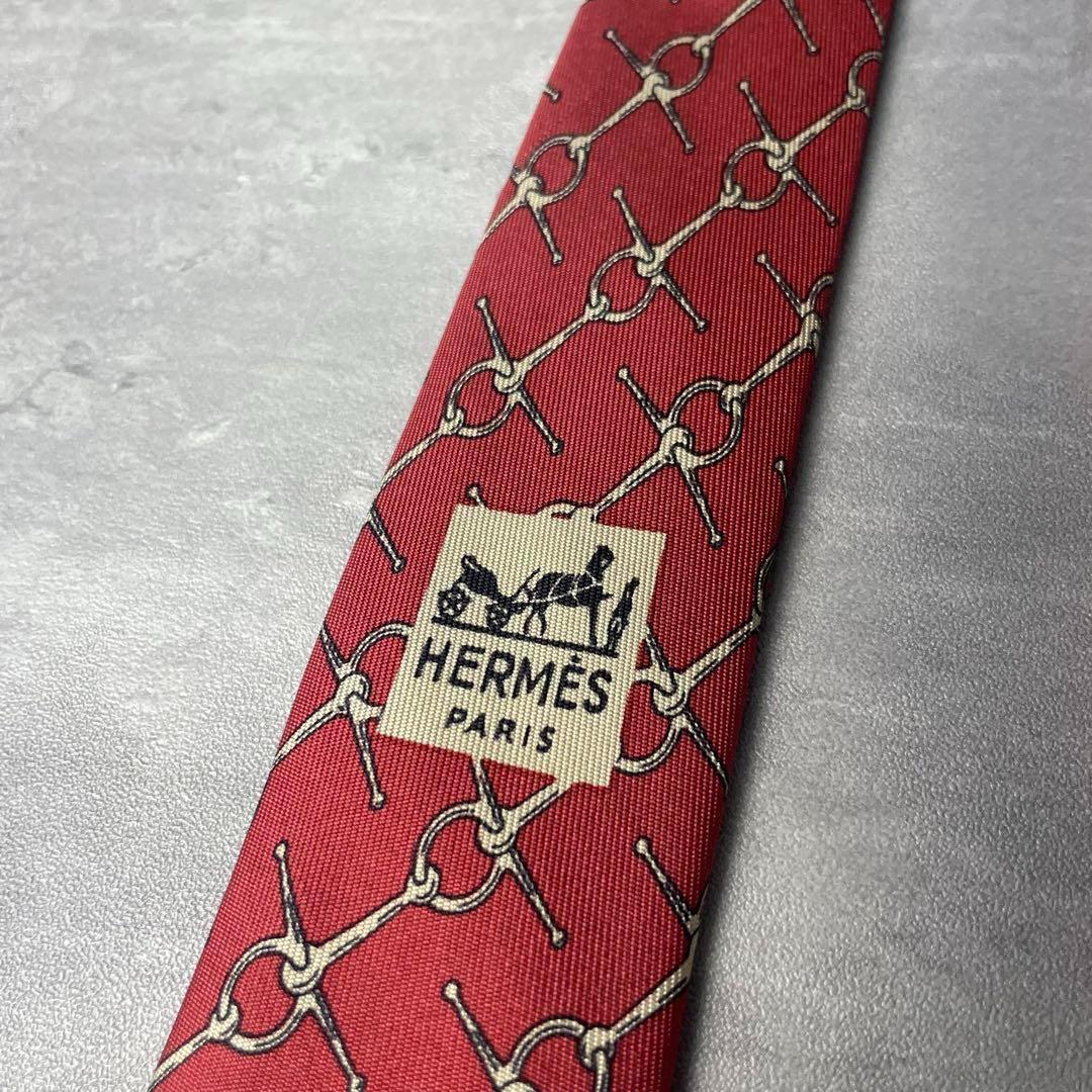 エルメス HERMES ネクタイ ベルト ストライプ ボルドー えんじ スーツ 美品 HERMES エルメス ホースビット柄 ストライプ ネクタイ