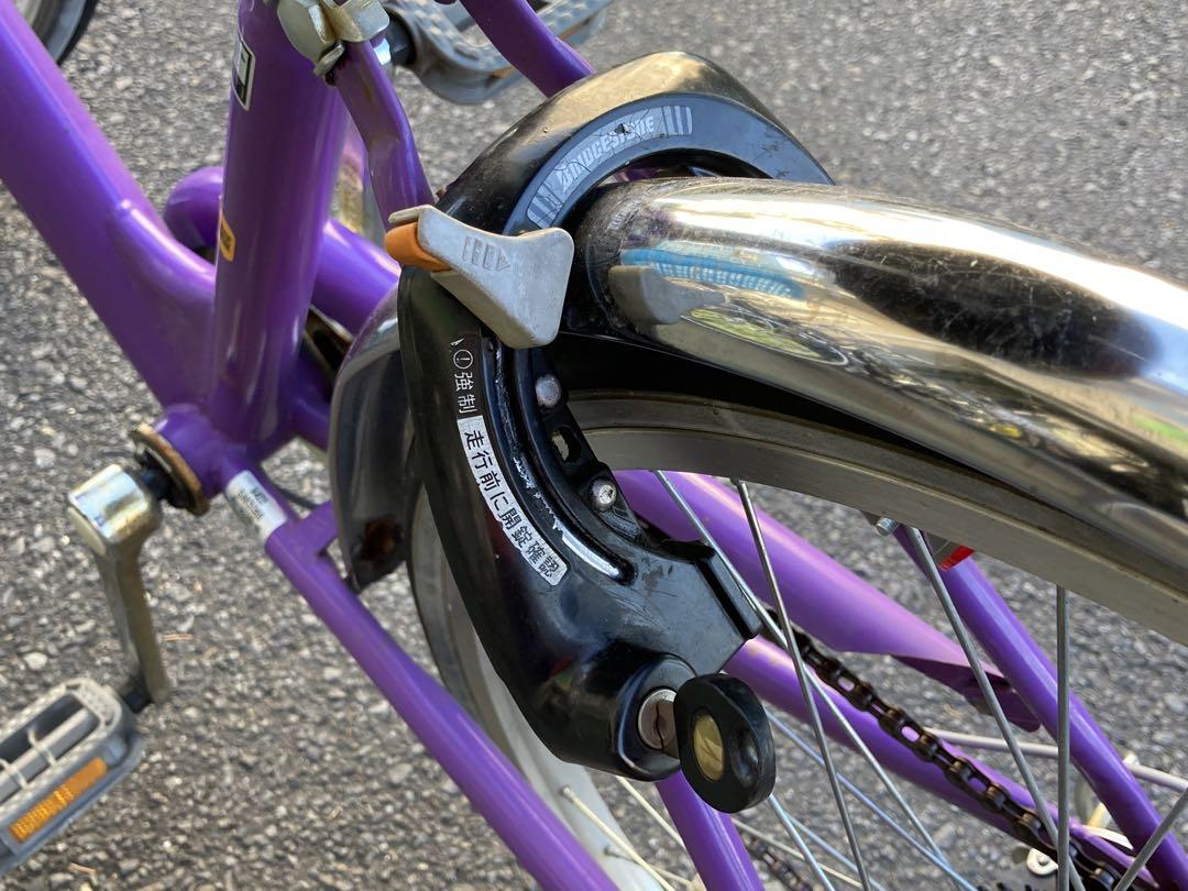 中古子供自転車6段変速オートライト⭐︎22インチ★パープル★カゴ新品※配達地域限定