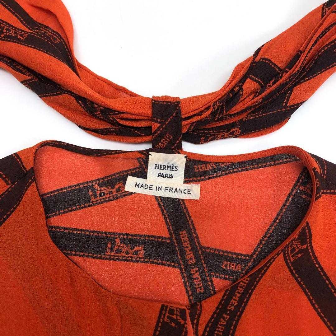 ☆美品☆エルメス シルク ボウタイ付き ブラウス ボルデュックリボン柄 オレンジ