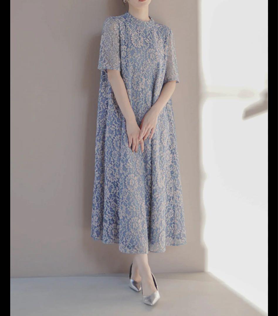 【新品】kaene 総柄 半袖 Aライン　ロング丈　レース　上品　ドレス