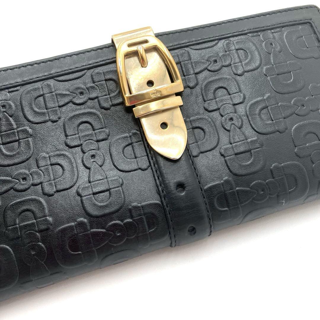 GUCCI グッチ 長財布 ホースビット柄 黒 レザー フラップ式