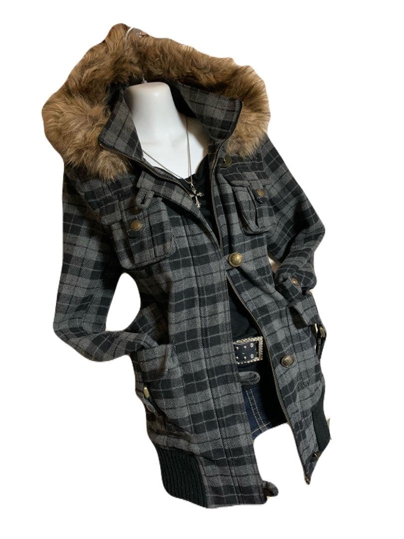 y2k 平成ギャル 2way ファー チェック ジャケット コートM