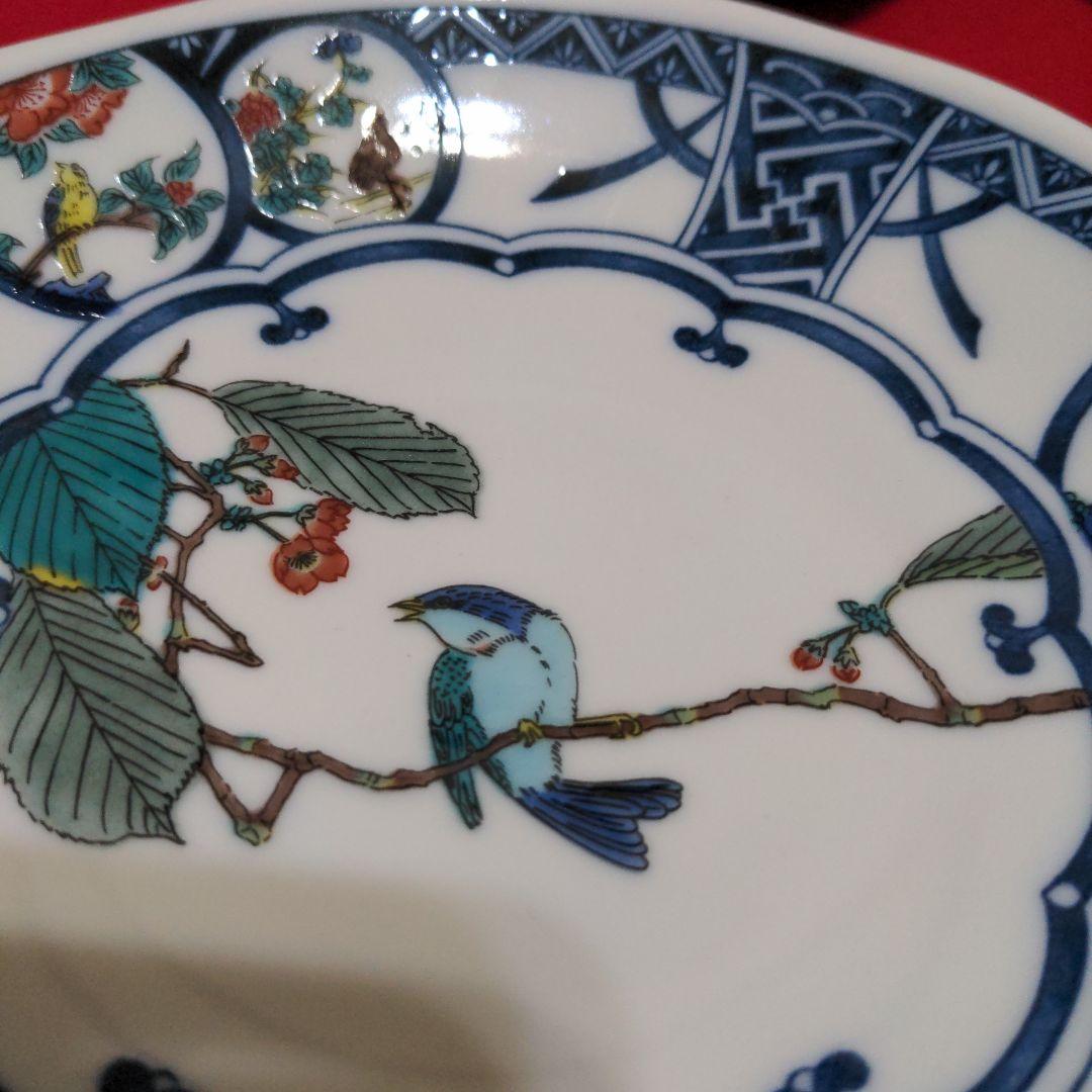 九谷焼　青風　染付丸紋花鳥　5.8号皿揃　５枚