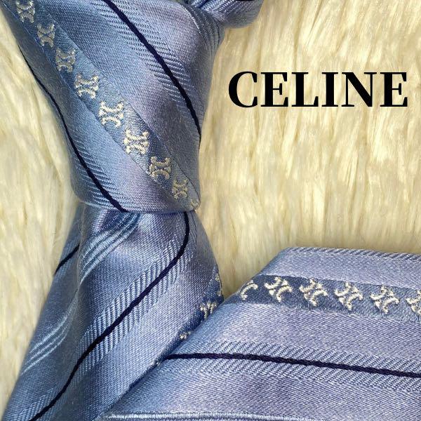 美品✨ CELINE セリーヌ ネクタイ マカダム柄 ストライプ 水色 限定特価 美品✨ CELINE セリーヌ ネクタイ マカダム柄 ストライプ 水色 限定特価
