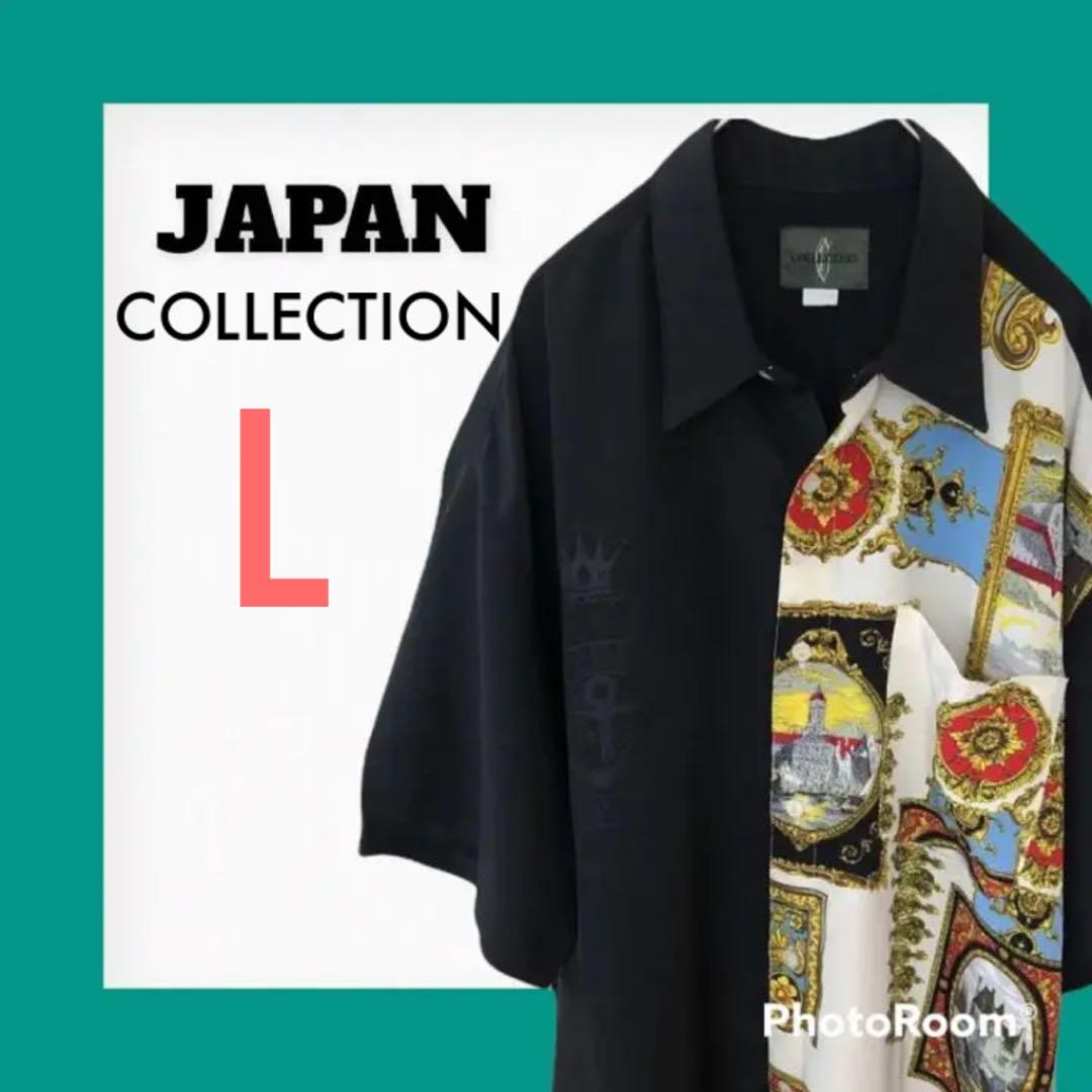 COLLECTION 柄シャツスカーフ柄　ヨーロピアン柄　モード黒　日本製　匿名