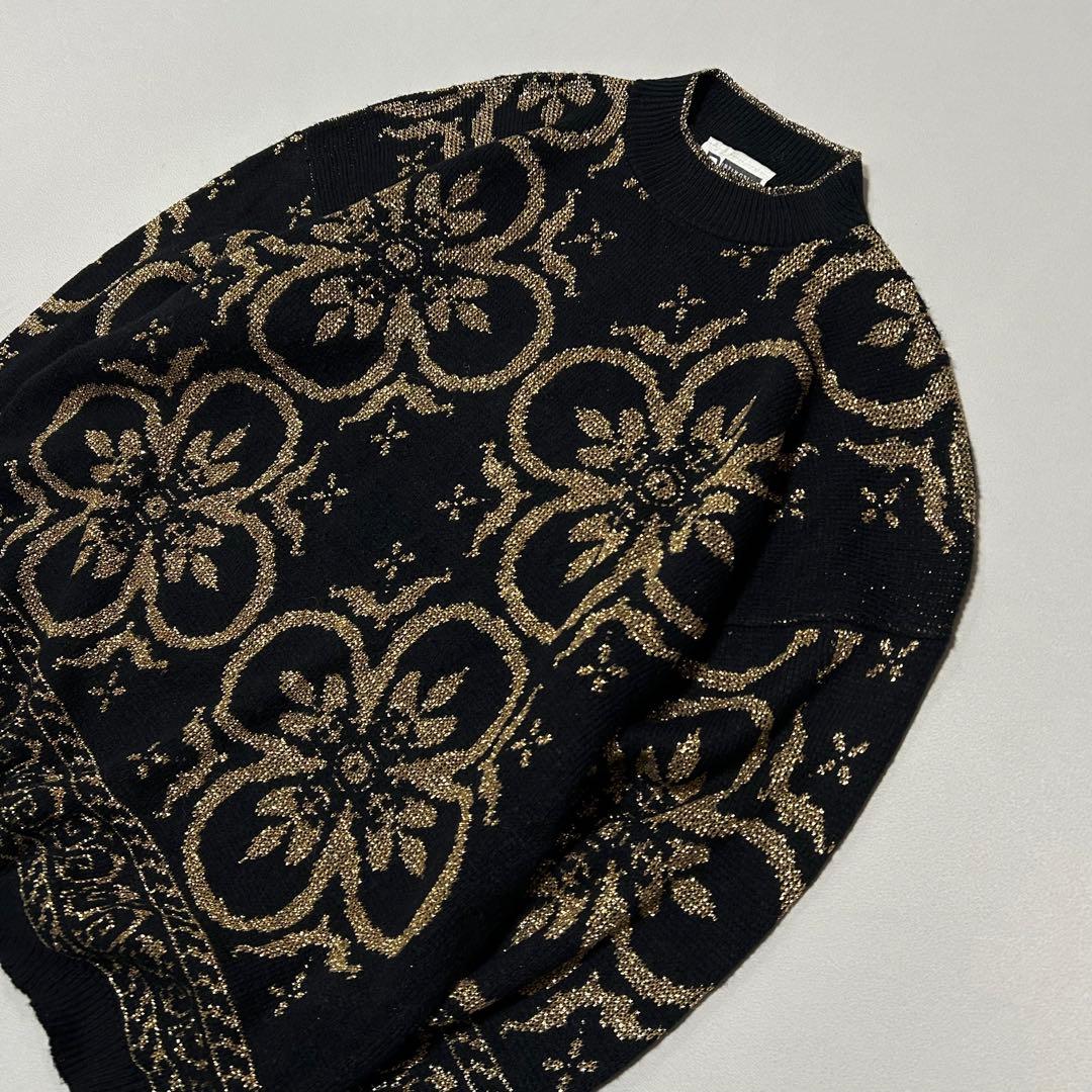 90s USA製 ゴールド 金 ラメ フローラル柄 ニット ドロップショルダー 90s USA製 ゴールド 金 ラメ フローラル柄 ニット ドロップショルダー