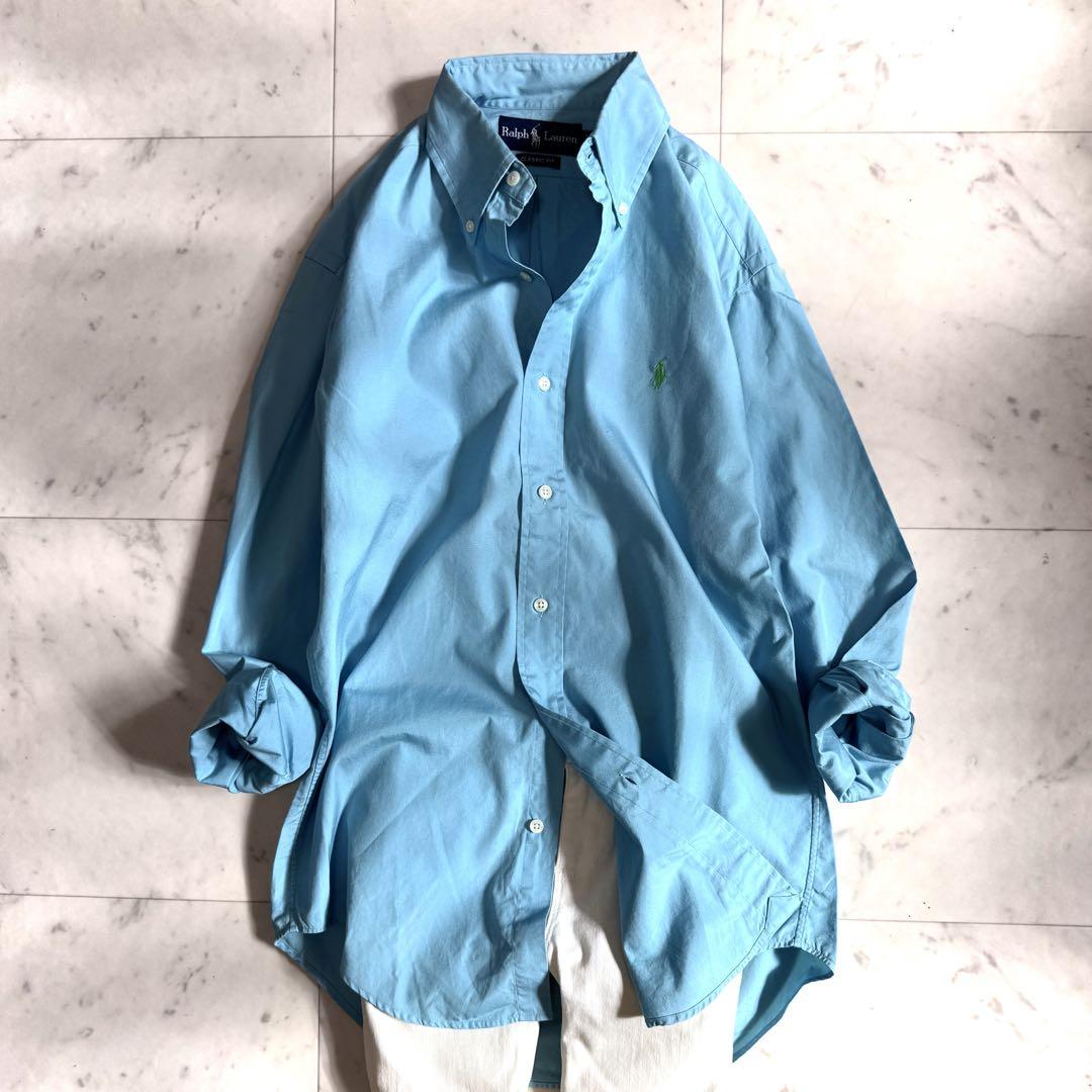 極美品 ラルフローレン 長袖シャツ ブルー ボタンダウン ポニー