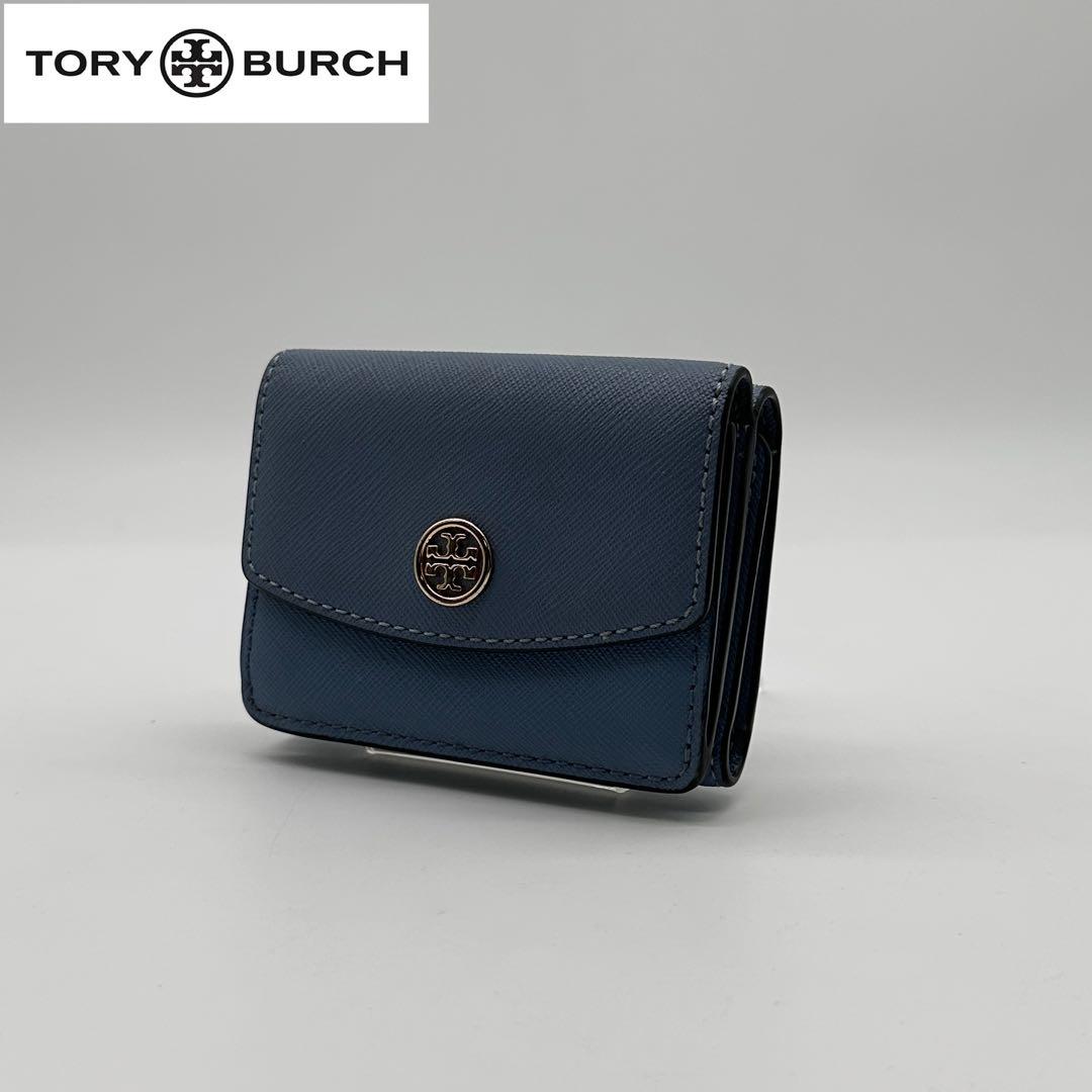 【美品】 Tory Burch 三つ折り財布 レザー コンパクト ブラック 青