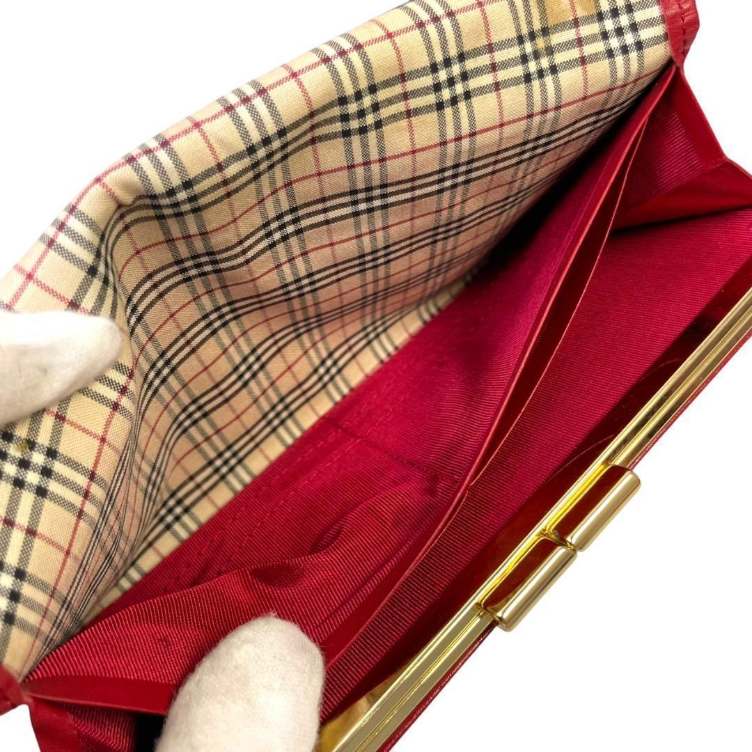 Burberry バーバリー 長財布 ノバチェック レザー がま口 レッド