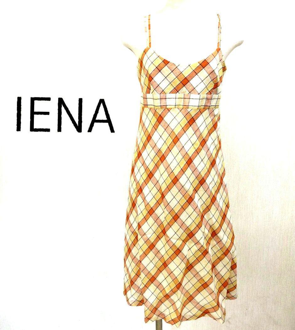 【リネン100%】IENA　チェック柄　キャミワンピース　丈長め　バック紐クロス
