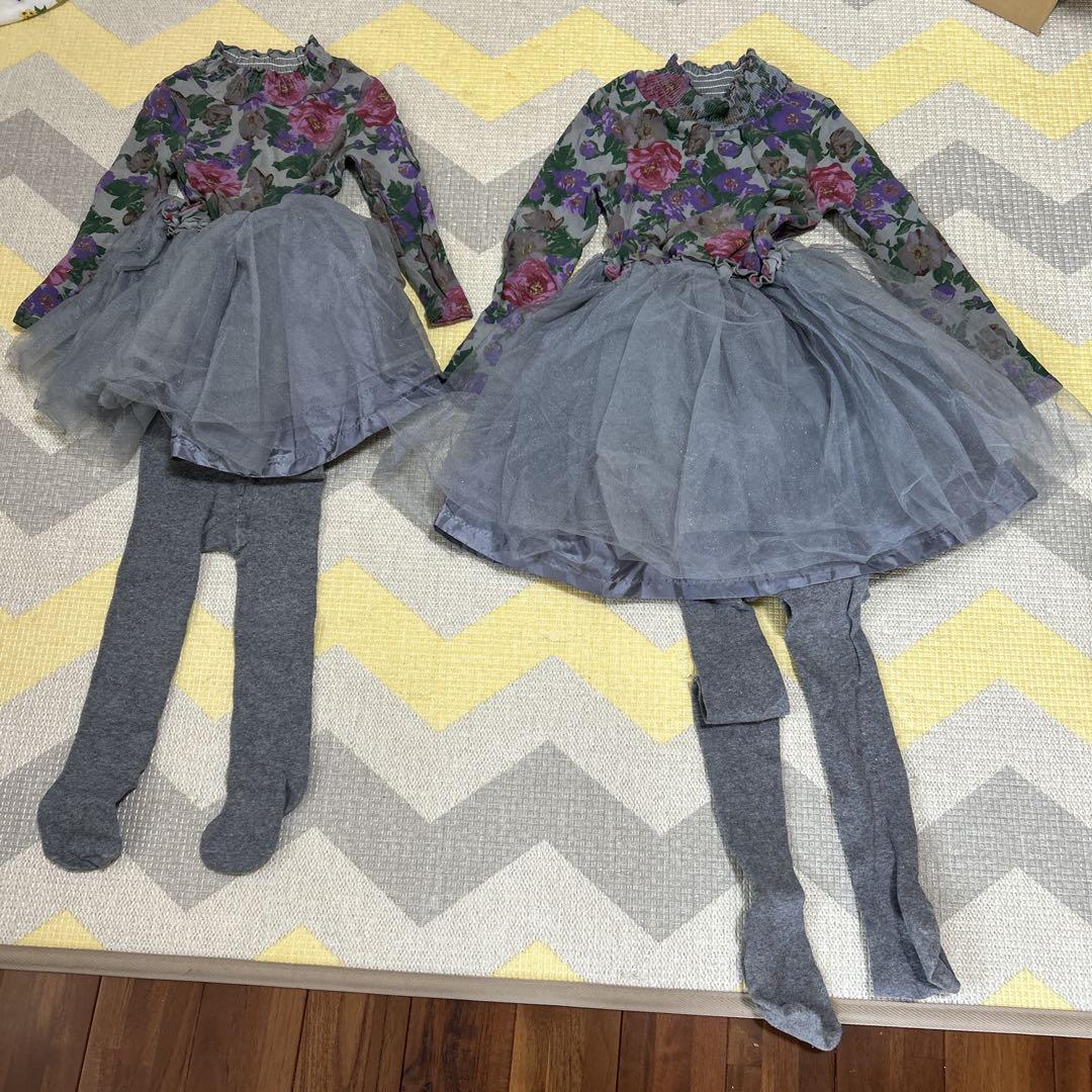 ⑩ オソロコーデ　姉妹コーデ　右のみ　花柄グレーのドレス 約120cm
