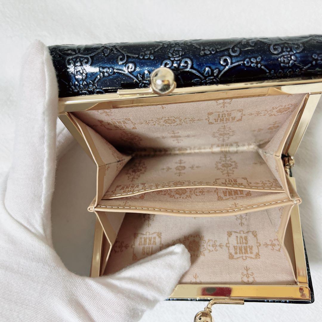 極美品 ANNA SUI 財布 ルーミー 紺 青 三つ折り 花 がま口 極美品 ANNA SUI 財布 ルーミー 紺 青 三つ折り 花 がま口