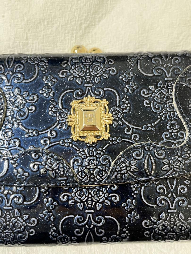 極美品 ANNA SUI 財布 ルーミー 紺 青 三つ折り 花 がま口 極美品 ANNA SUI 財布 ルーミー 紺 青 三つ折り 花 がま口