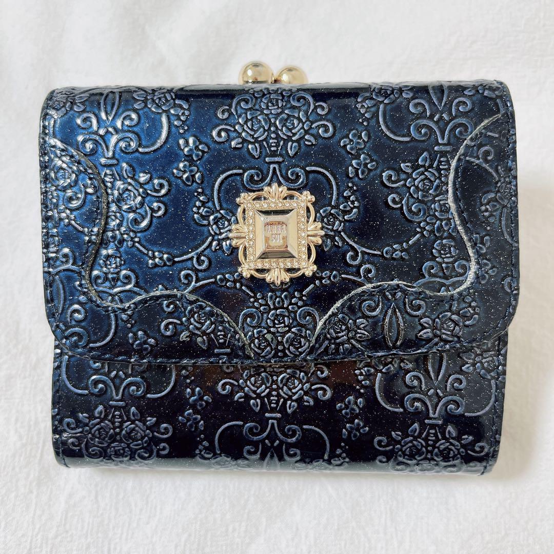 極美品 ANNA SUI 財布 ルーミー 紺 青 三つ折り 花 がま口 極美品 ANNA SUI 財布 ルーミー 紺 青 三つ折り 花 がま口