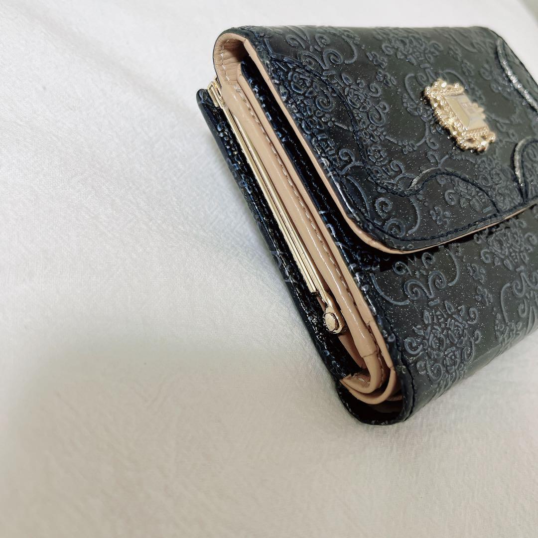 極美品 ANNA SUI 財布 ルーミー 紺 青 三つ折り 花 がま口 極美品 ANNA SUI 財布 ルーミー 紺 青 三つ折り 花 がま口