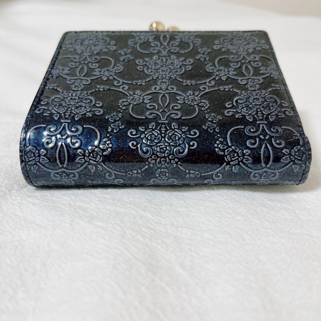 極美品 ANNA SUI 財布 ルーミー 紺 青 三つ折り 花 がま口 極美品 ANNA SUI 財布 ルーミー 紺 青 三つ折り 花 がま口