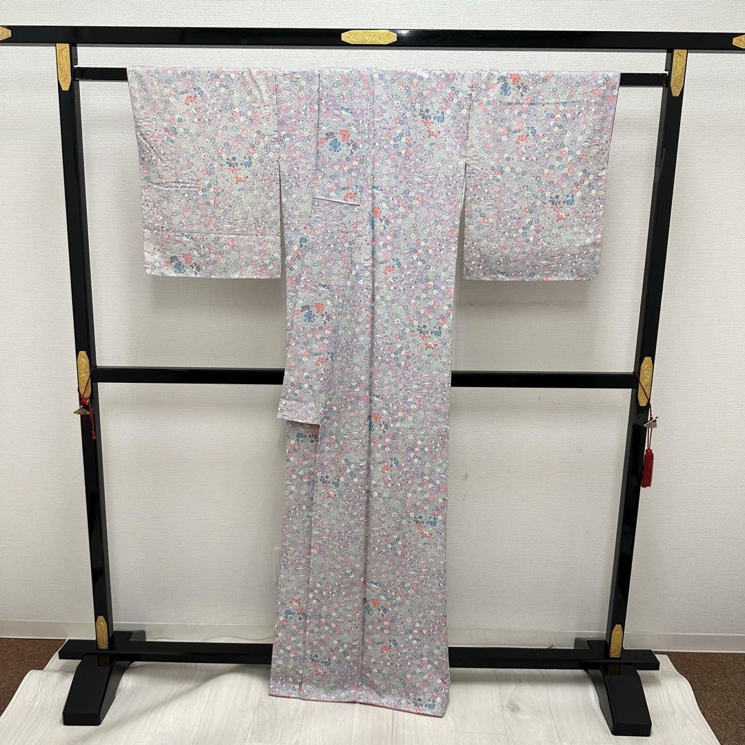 小紋 裄66.5 ちりめん 美しい花模様の染柄 着物 正絹 広衿 RK