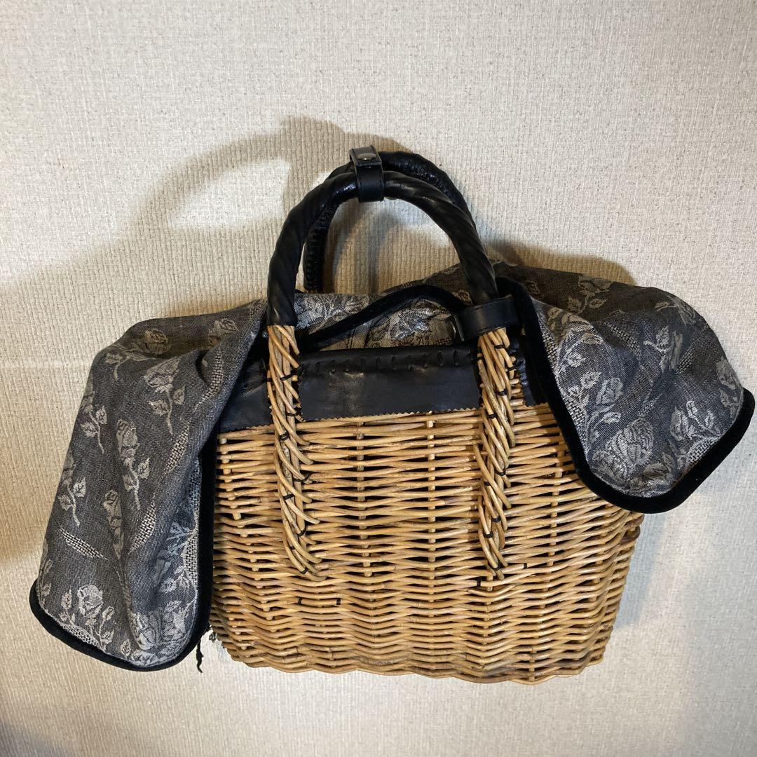 エバゴス　　籠バッグ ebagos 2本編みバッグ ブライドルレザー×紅籐 BLACK （2本編みM