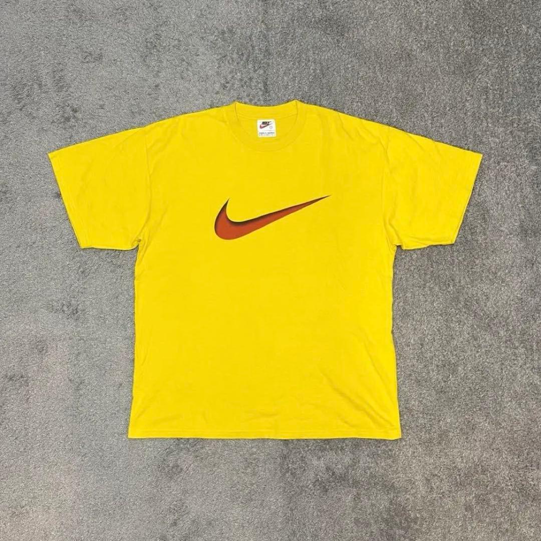 90s ナイキ NIKE イエロー デカロゴ Tシャツ L y2k 白タグ