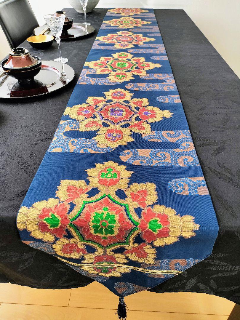 A203高級‼️豪華刺繍‼️袋帯正絹テーブルランナータッセル付き2ｍ24cm
