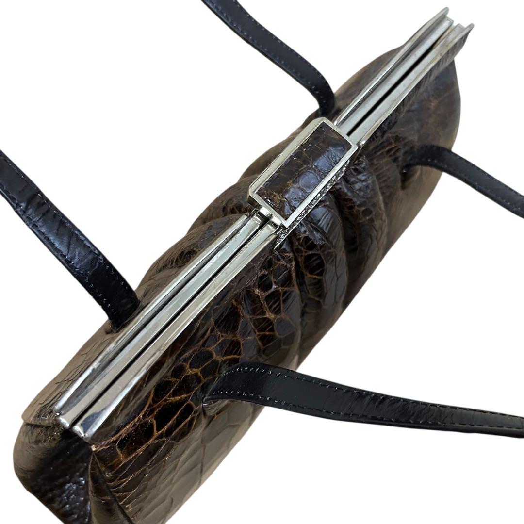 【希少】【美品】タートルレザー turtle ハンドバッグ がま口　ブラック タートルレザー 亀革 亀皮 ハンドバッグ 昭和 小銭入れ付き