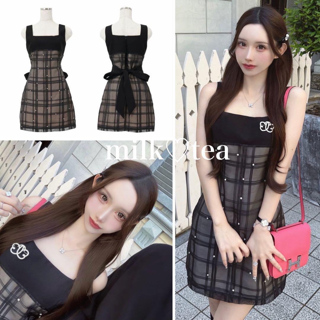 ルミニョン Lumignon Bijou grid ribbon dress S