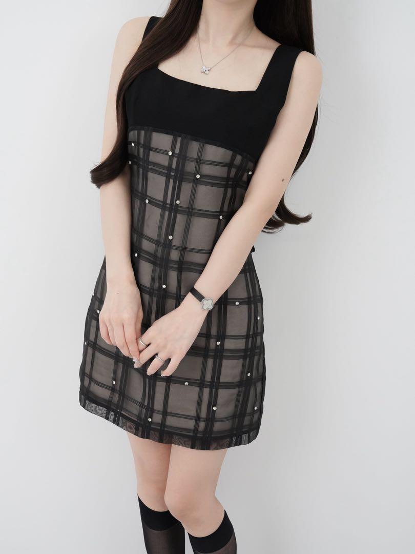 ルミニョン Lumignon Bijou grid ribbon dress S