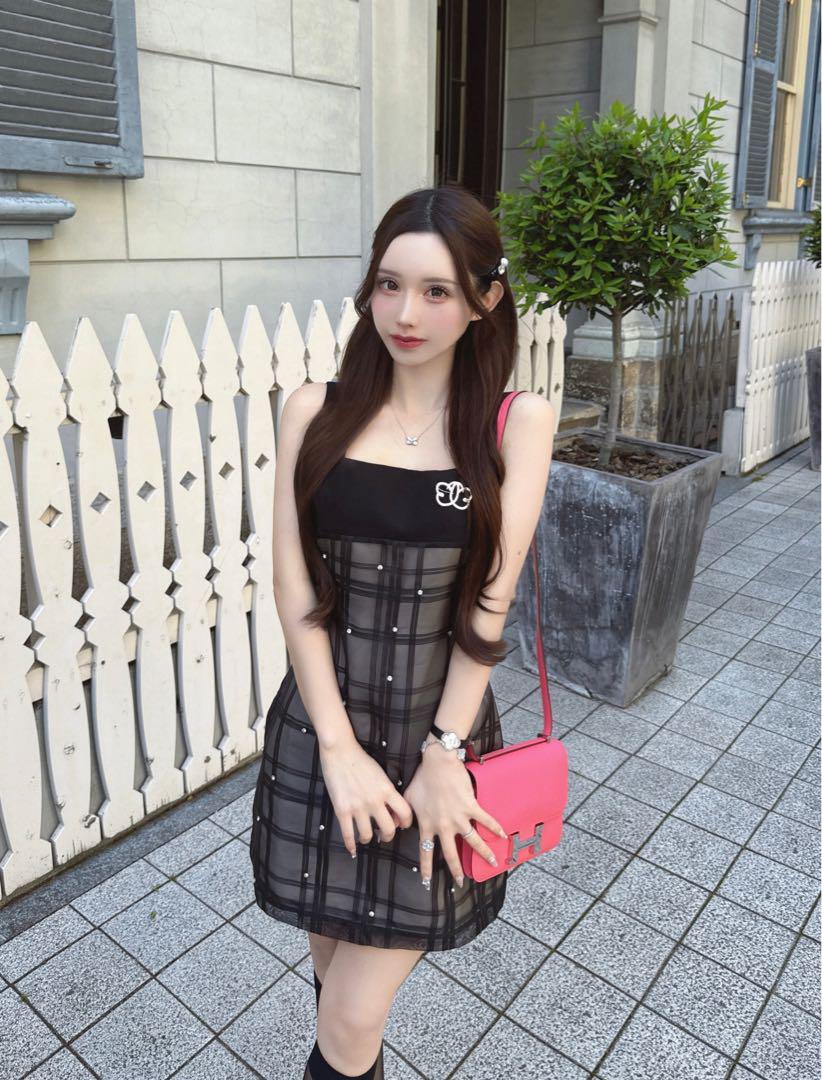 ルミニョン Lumignon Bijou grid ribbon dress S
