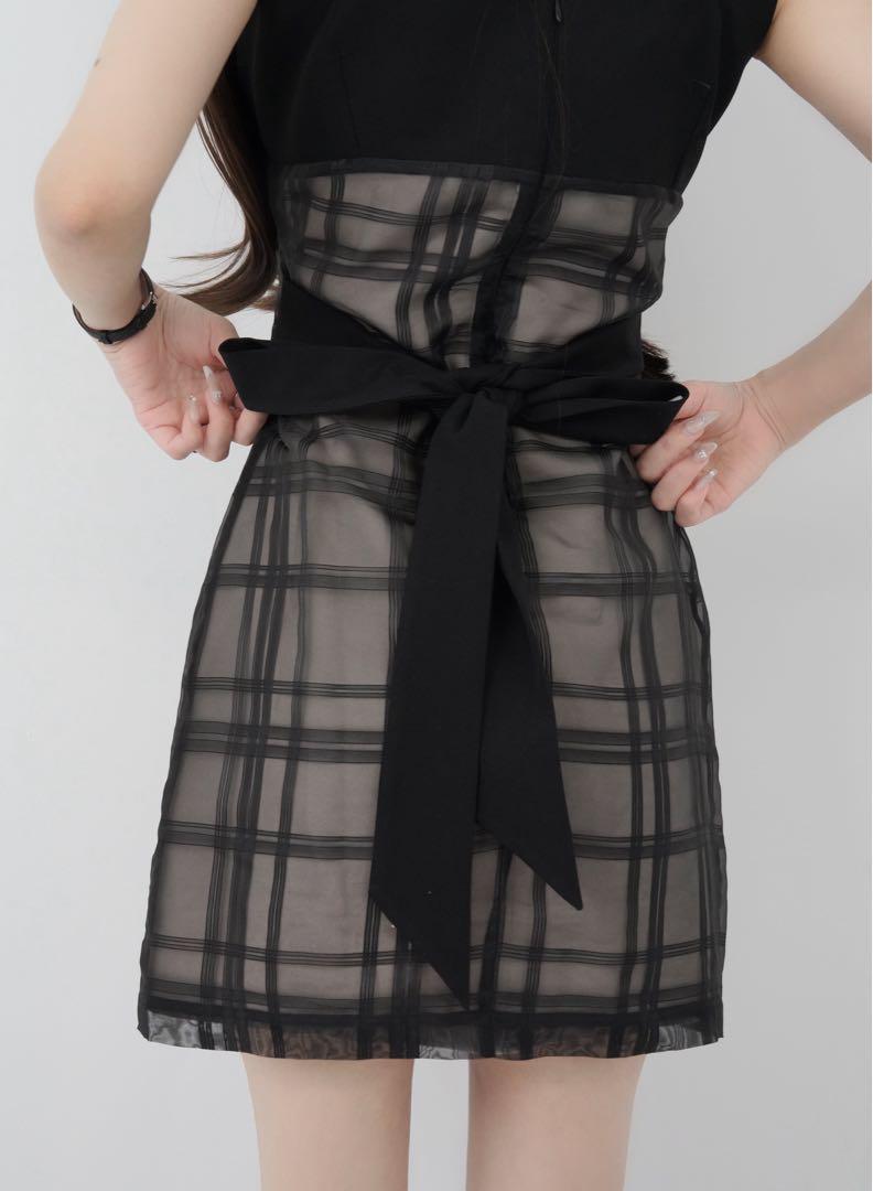 ルミニョン Lumignon Bijou grid ribbon dress S
