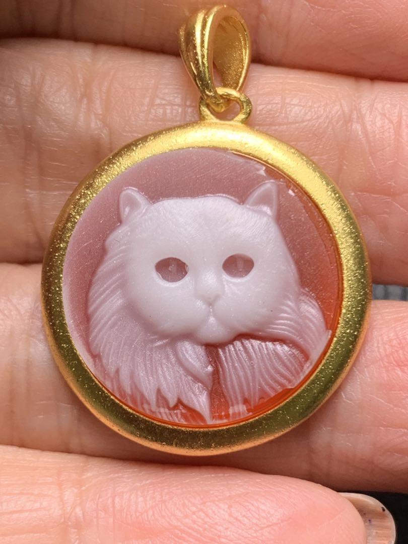 0527164天然石瑪瑙猫ちゃん彫りペンダントトップ