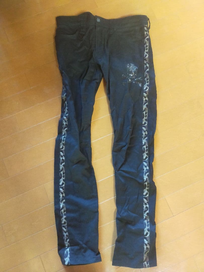 Roen 両サイドレオパード柄 スカルスワロフスキー ブラックスキニーパンツ