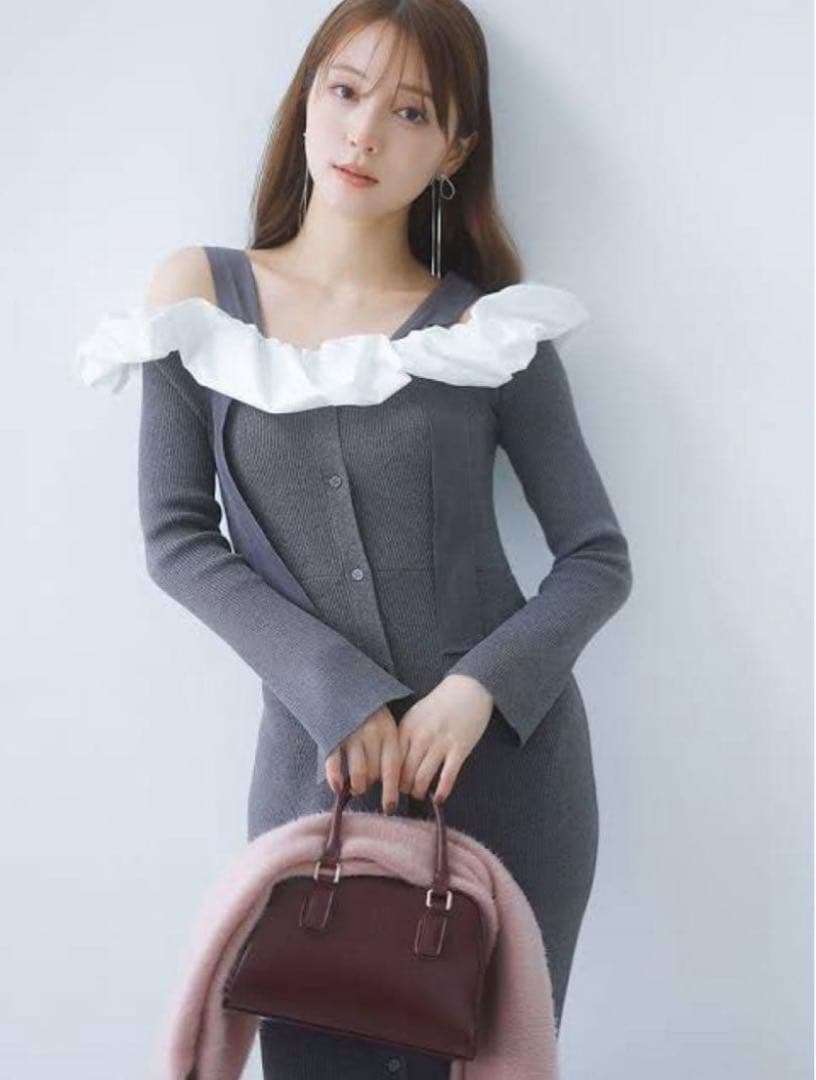 SNIDEL フリルドッキングオフショルニットワンピース GRY SIZE Snidel