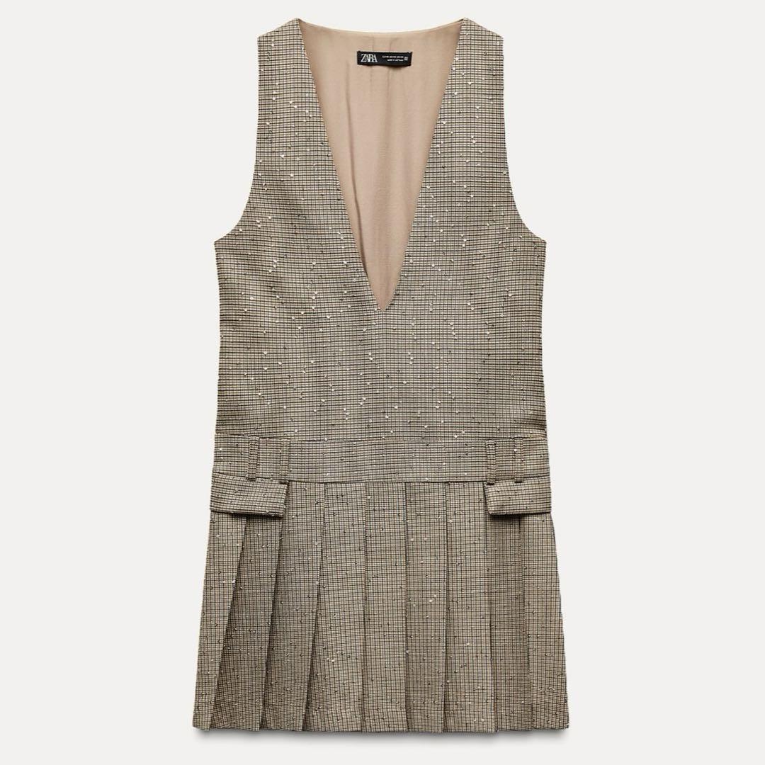 ZARA ワンピースミニスパンコールキラキラチェックブラウン