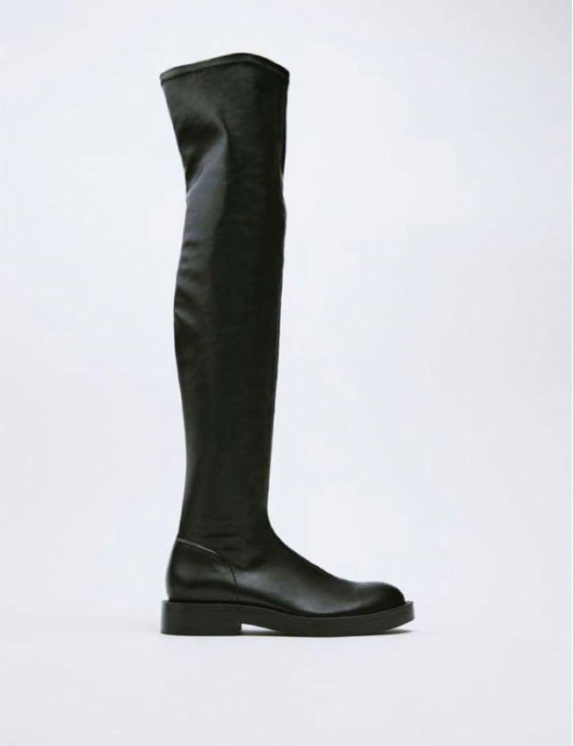 ZARA ザラ ブラックフラットブーツ トールストレッチ　ニーハイブーツ　新品 ZARA ザラ ブラックフラットブーツ トールストレッチ ニーハイ