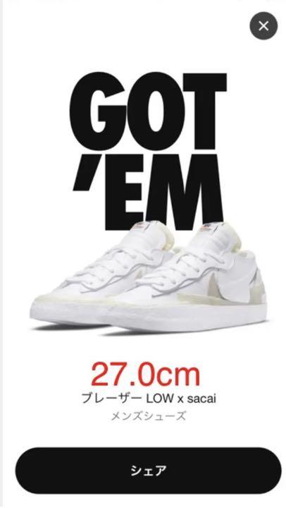 注目ブランドのギフト ナイキ ブラック 27.0 LOW ブレーザー sacai × - スニーカー