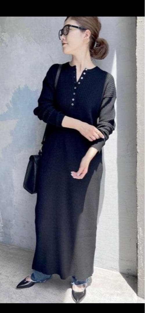 Spick & Span ヘンリーネックリブニットワンピース ブラック - メルカリ