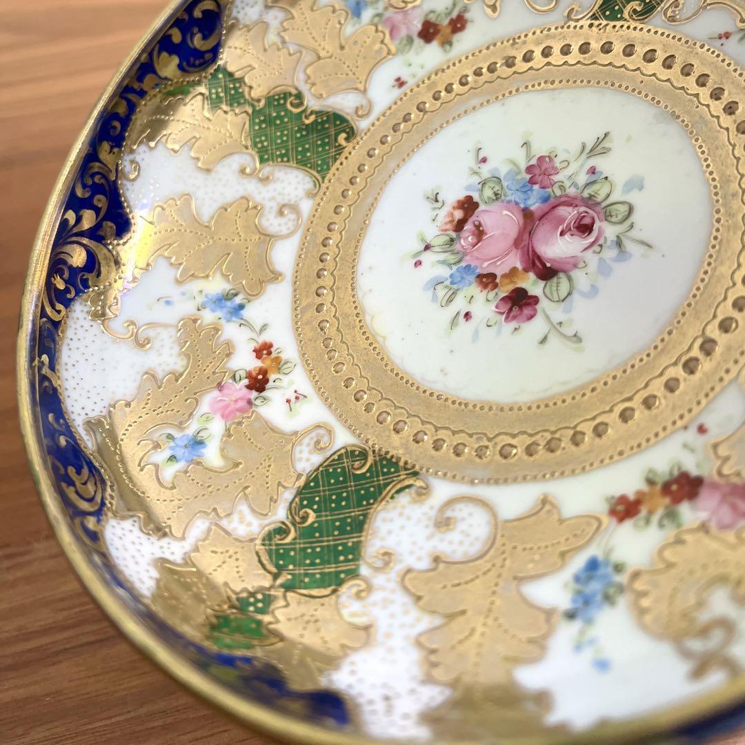 明治時代】オールドノリタケメープルリーフ金彩脚付薔薇図プレート