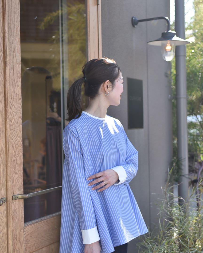 ourhome シワになりにくい播州織フレアブラウス