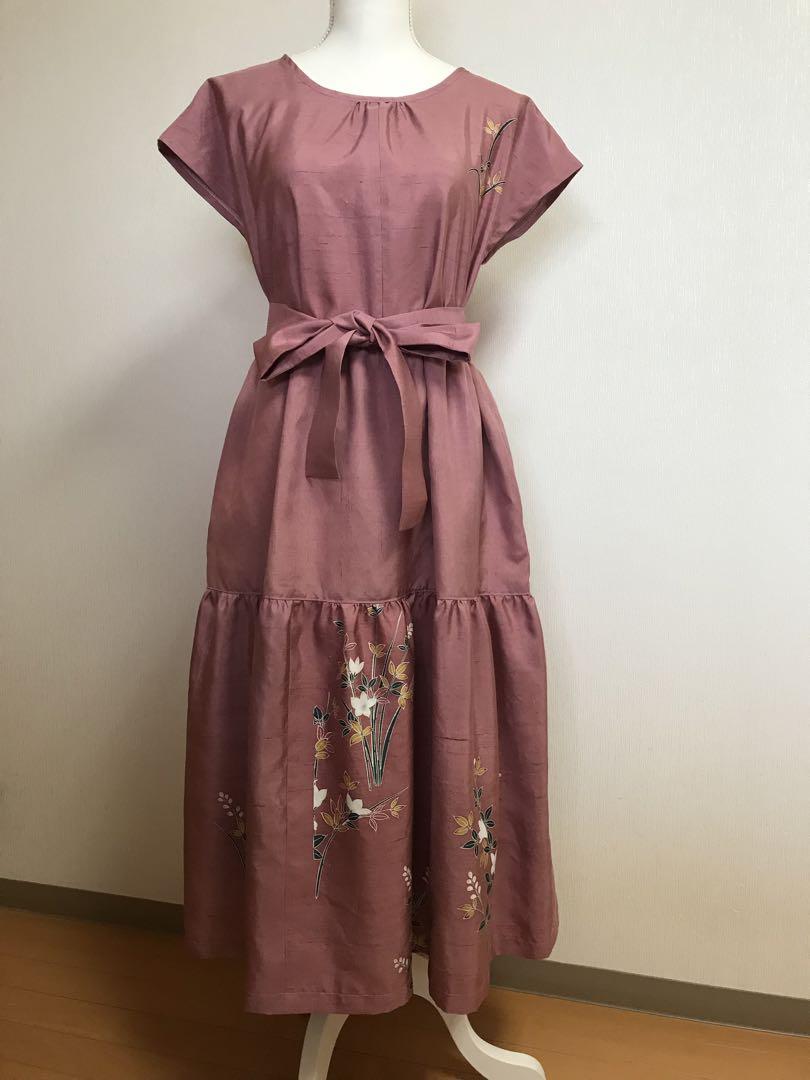 ゆったりワンピース　着物リメイク　紬　ピンク