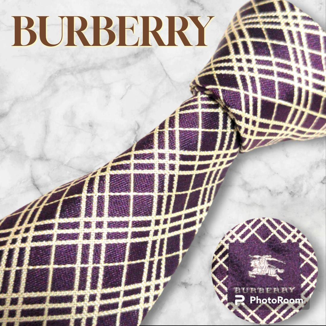 BURBERRY　ネクタイ　ノバチェック　ホースロゴ　ブラウン　ゴールド　シルク