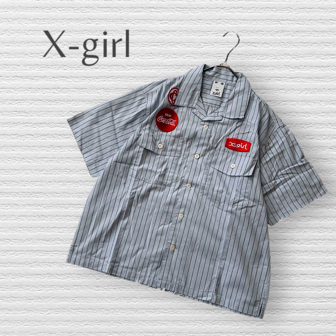 【エックスガール】コカコーラ ワークシャツ　刺繍　ブルー　半袖