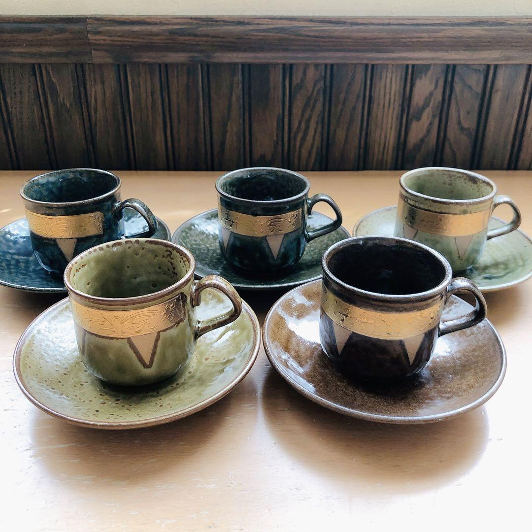 新品未使用 コーヒーカップ&ソーサー 土物 金彩 和食器 日本 5客セット 