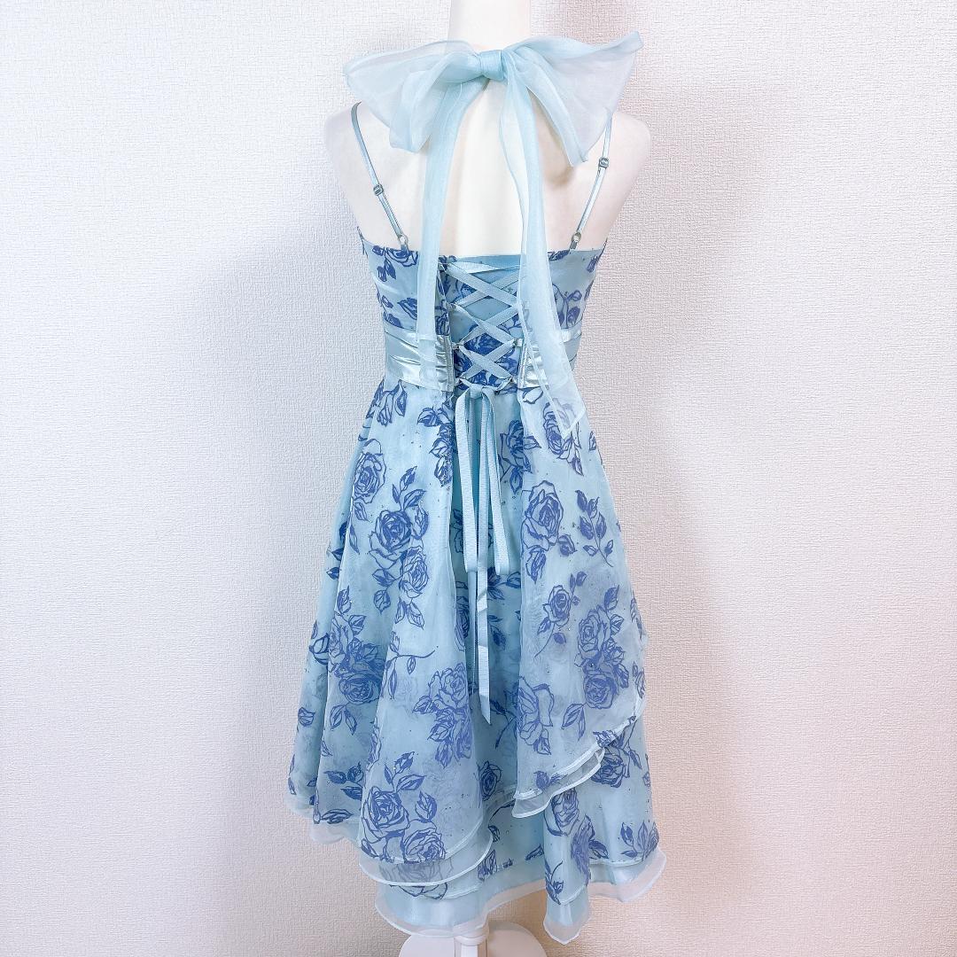 【美品】エメ パーティードレス ワンピース　薔薇柄 ライトブルー 9