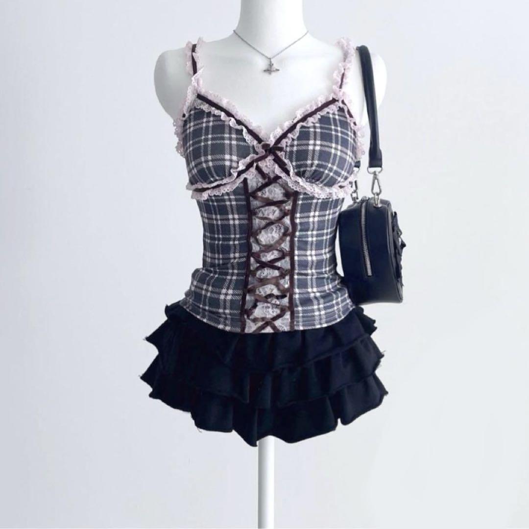 高価値セリー palesop y2kピンク姫ギャルリボンゴシックレースキャミ トップス
